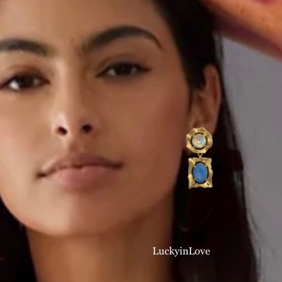 ALEXIS BITTAR• Gold Crystal Rainbow Blue Antiquities Mismatched Ruffled Earrings - Picture 7 of 10